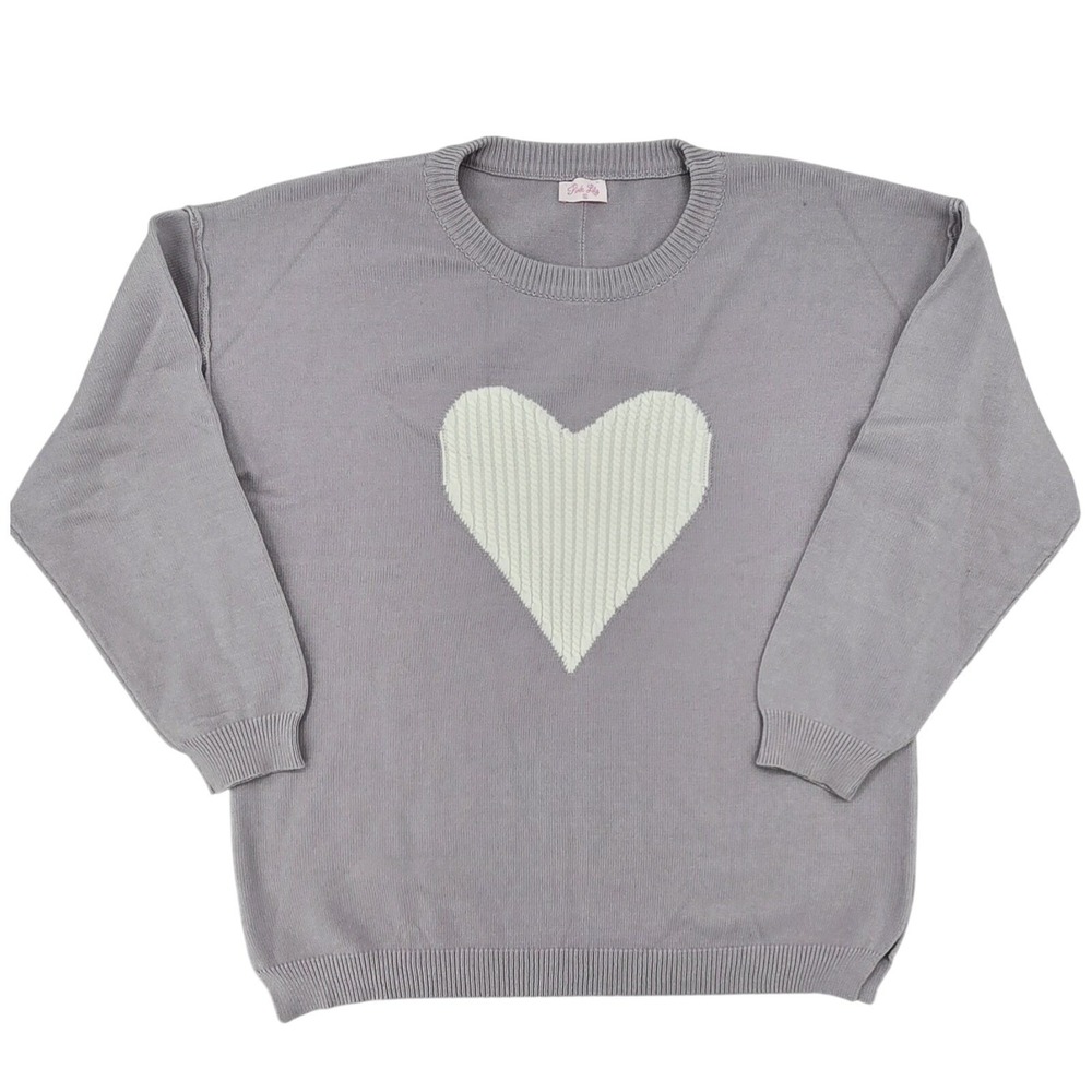 PINK LILY XL‎ Gray Knit Sweater White Heart Crewneck Oversized Pullover